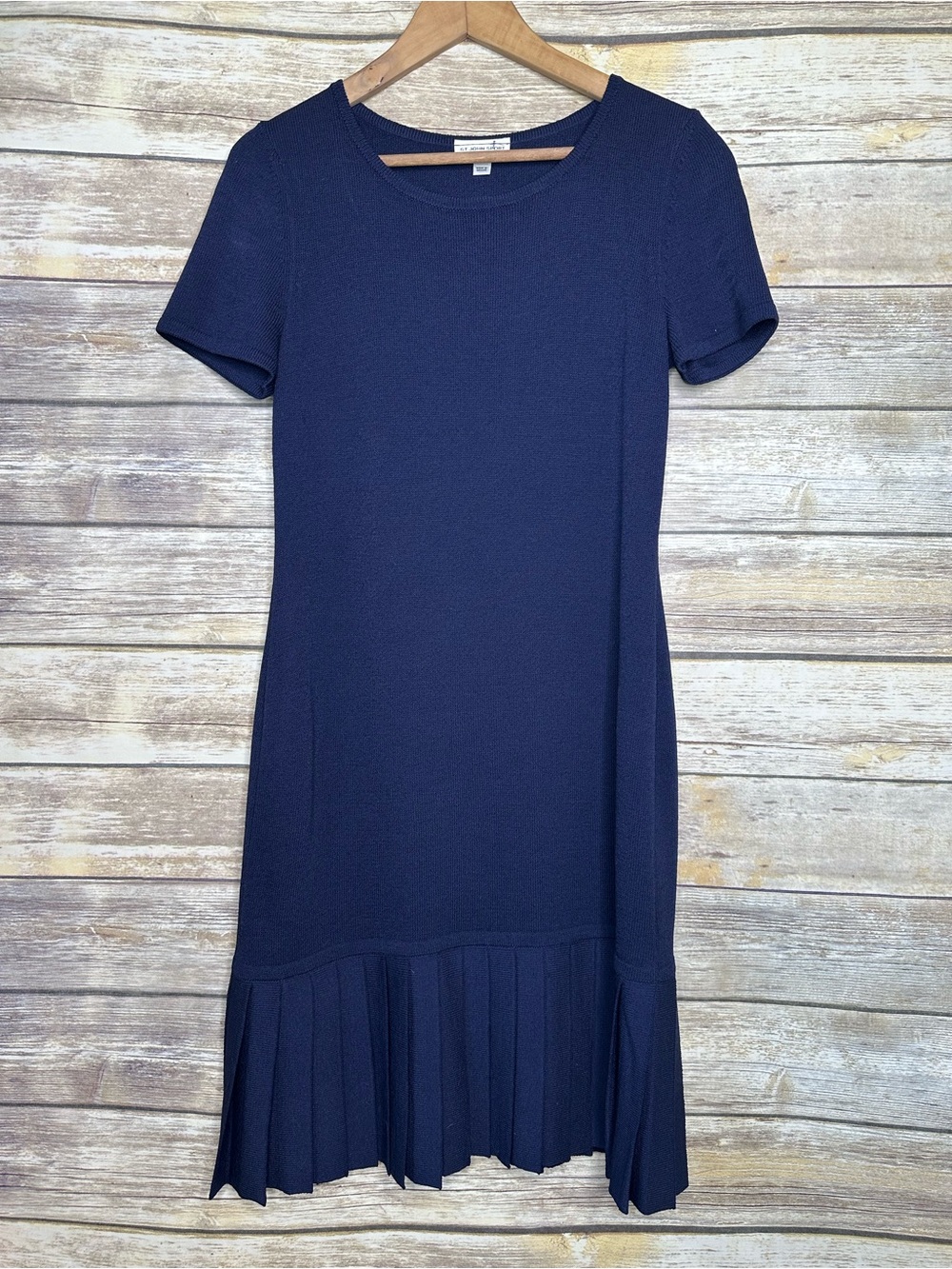 St. John P pleated hem Santana navy knit dress.